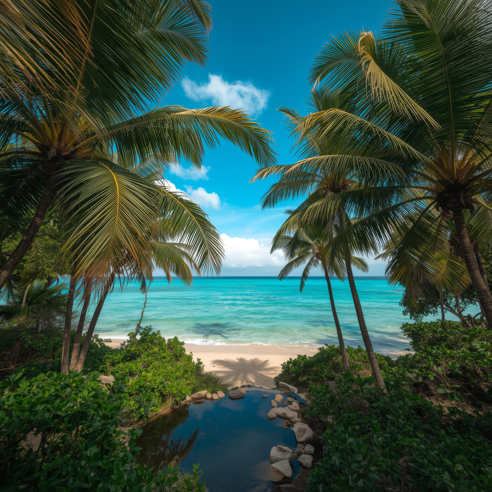 Beautiful tropical beach with coconut palm trees at Seychelles